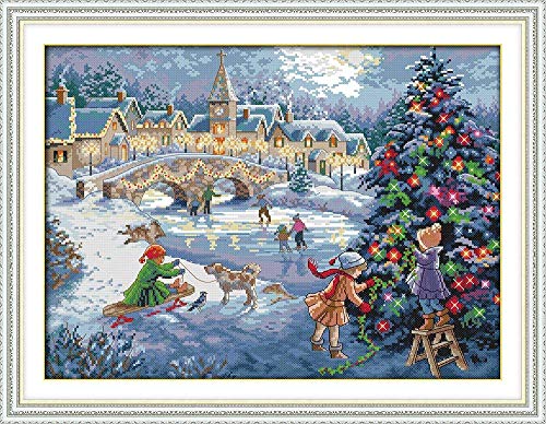 Happy Forever Cross Stitch Kits 11CT Stamped Patterns for Kids and Adults, DIY Preprinted Embroidery Kit for Beginner, Merry Christmas (F738 Christmas Celebration, Size 22''x17'')