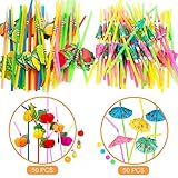 100 Pcs Disposable Straws Fruit Straws Umbrella Straws Party Table Decor Tropical Drinks for Cocktail Soft Drinks Hawaiian Luau Party Supply (50 Fruit + 50 Umbrella Straws)