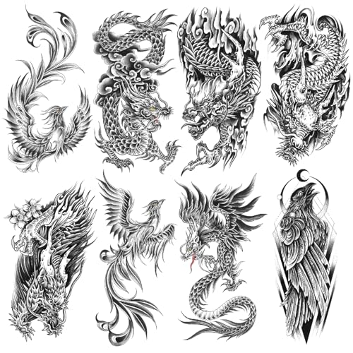 Oottati 8 Sheets Waterproof Arm Body Art Temporary Tattoo Stickers Black Flying Dragon Phoenix