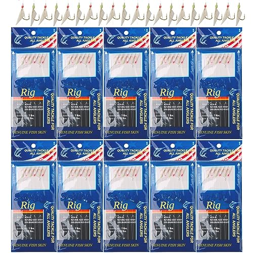 Fishing Bait Rigs Saltwater, 10Packs Surf Fishing Rigs with Fish Skin Feather Fishing Hooks Swivels Glow Beads Rigs Sea Bass Rigs Fishing Bait Lures (AFA, 6#)