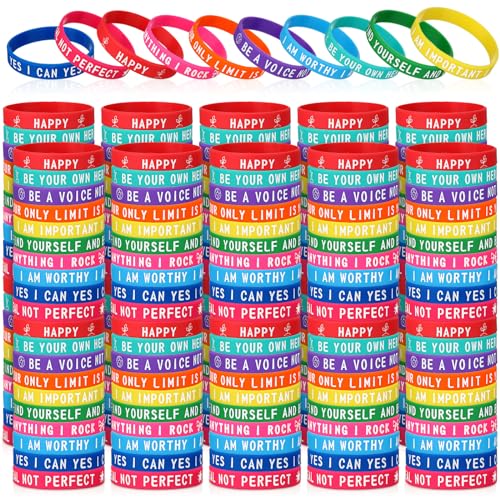 Hotop 300 Pcs Motivational Wristbands Silicone Bracelets Stretch Inspirational Bracelets Bulk Rubber Wristbands with Quotes for Men Women Adults Party Favors Gifts, 10 Designs(Colorful)