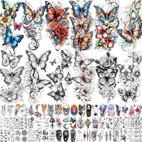 72 Sheets Watercolor Butterflies Temporary Tattoos For Women Girls Adults Legs Clavicle, 3D Temp Bulk Long Lasting Rose Butterfly Half Arm Sleeve Realistic Fake Tattoo Stickers Colored Party Festival