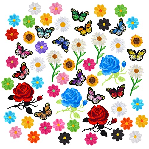 Coopay 100 Pieces Flower Butterfly Iron/Sew on Patches Sunflower Cute Embroidered Applique Rose Patches for Clothing Large Colorful Decorative Daisy Patches for Clothes Dress Hat Jeans DIY