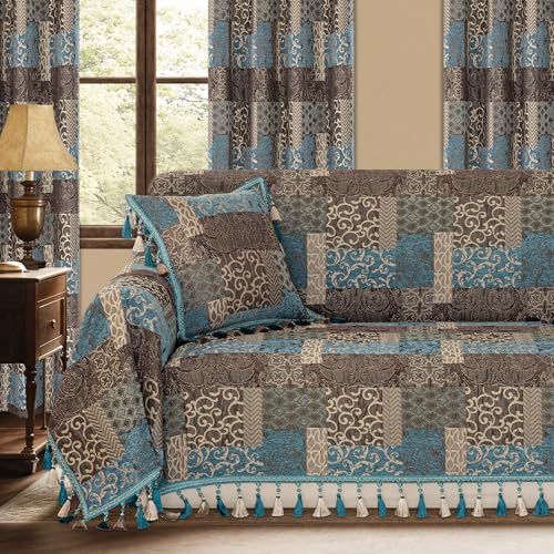 Loom and Mill Luxury Sofa Covers, Classic Patchwork Damask Jacquard Thick Chenille Couch Cover Furniture Protector with Lace Edge and Handmade Tassels for Pet, Dogs and Cats (Blue, 71x118 inch)