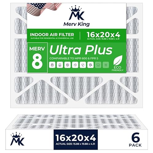 MervKing 16x20x4 Air Filter | MERV 8 | MPR 600-700 Ultra Plus | 6-Pack | Pleated HVAC AC Furnace Replacement Air Filters | Actual Size: 15.88" x 19.88" x 4.31"