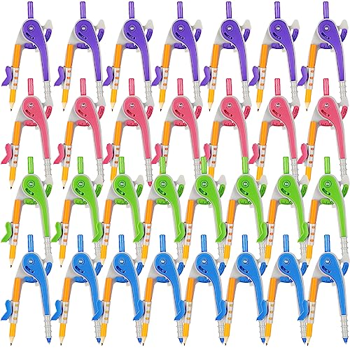 Zonon 30 Pcs Student Math Geometry Compass Tool Classroom Set Bulk 6 Inch Bright Colored Plastic Drawing Compass with Pencils Back to School Supplies for School Home Office