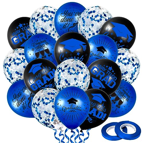 Whaline 60Pcs Graduation Party Balloon Set 7 Designs Confetti Latex Balloon with 2 Rolls Ribbon Grad Cap Congrats Grad Balloon for Graduation Party Decoration Supplies (Blue, Black)