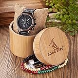 BOBO BIRD Mens Wooden Watches Business Casual Wristwatches Stylish Ebony Wood & Stainless Steel Combined Chronograph with Wooden Box (Grey)