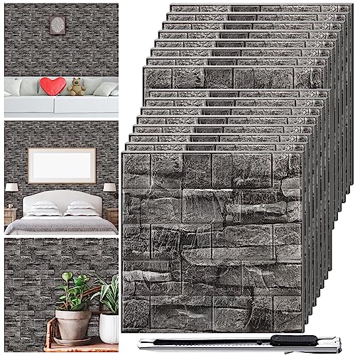 Colarr 60 Pcs 3D Wall Panels Peel and Stick Faux Foam 3D Brick Wallpaper Faux Paneling Adhesive Wall Covering Panels Medieval for Bedroom, 28.8 Sq ft Coverage(Black Stone Color)