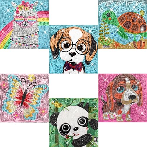 KINPLUB 6 Pack Diamond Art Kits for Kids Beginners, DIY Full Drill Animal 5D Diamond Painting Kits for Kids Ages 6-8-10-12, Gem Art by Number Dots Kits for Boys & Girls for Birthday Gifts(6x6 Inch)