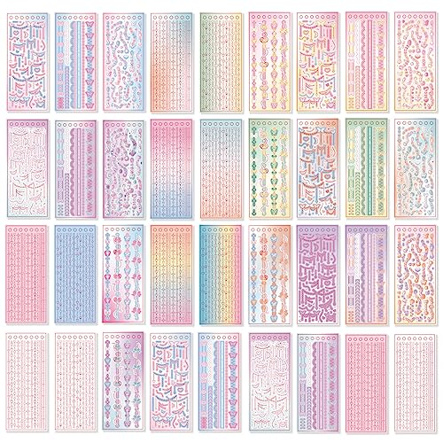 Korean Deco Stickers Set (30 Sheets), Colorful Glitter Stickers with Flower Heart Ribbon Letter Alphabet, Kpop Potocard Korean Stickers, Cute Deco Stickers for Scrapbook Card Craft Kids (Cream)