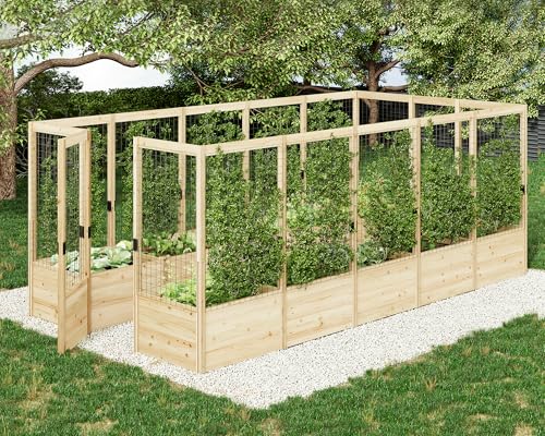 AMERLIFE U-Shaped Raised Garden Bed with Deer Proof Fence, 7.5Wx15Dx6H Outdoor Wooden Raised Garden Bed Planter with 19" Depth Planter Box