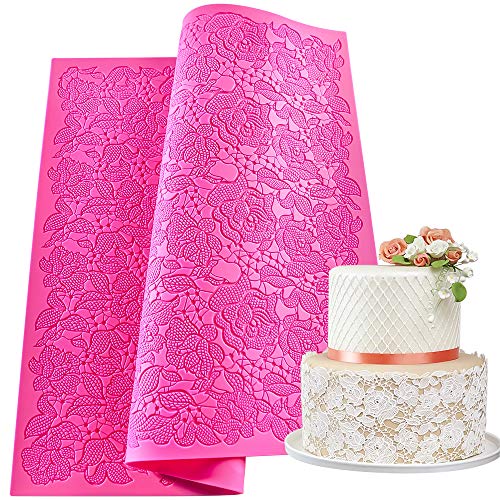 Warmoor Silicone Cake Fondant Mat, Rose Impression Lace Mold (16 x 12 inches, Pink Rose)