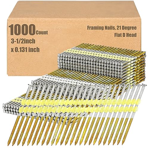 Therwen Framing Nails, 21 Degree, Flat D Head, Galvanized, Ring Shank, Plastic Row Fixed, 21 Degree Framing Nails for Use in All Pressure Treated Lumber (1000 Count,3-1/2 Inch X 0.131 Inch)