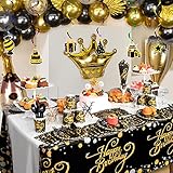 HJINGY Black and Gold Birthday Party Decorations, Happy Birthday Party Supplies for Men Women Includes Balloons, Curtains, Banner, Hanging Swirls, Tablecloth, Plates, Cake Toppers for Birthday Party