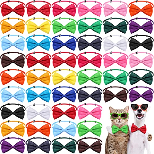 Potchen 200 Pieces Bulk Dog Bow Ties with Adjustable Collar Puppy Cat Dog Neck Tie Pet Grooming Accessories for Little Medium Girl Boy Holiday Festival Wedding Birthday Gift Party(Mixed Colors)