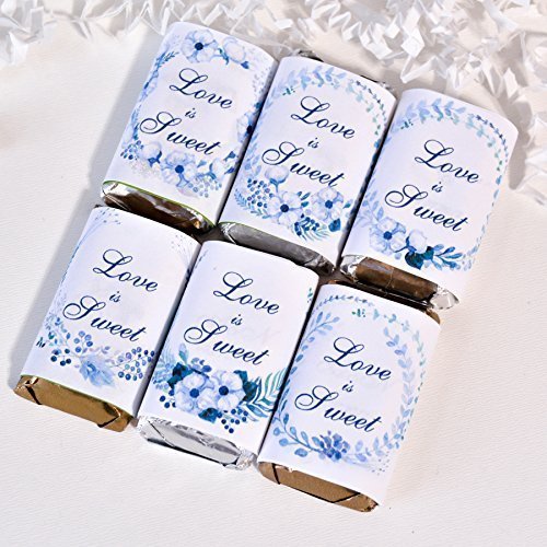 54 Love is Sweet Wedding Candy Wrappers, Blue Wedding Candy Stickers, Wedding Gift Favors, Blue Floral Bridal Labels, Bridal Party Favor