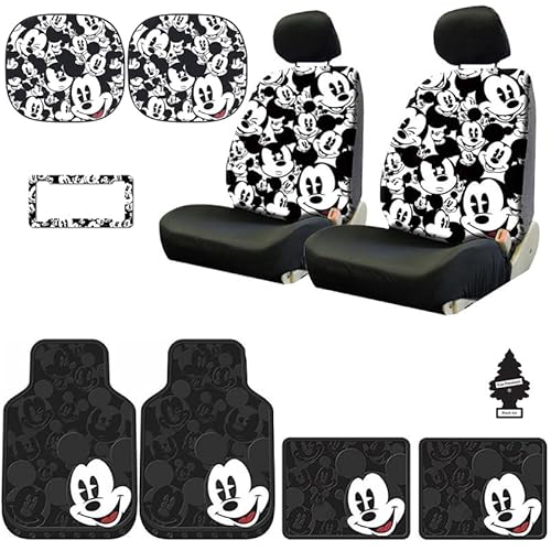 Yupbizauto Disney Mickey Mouse Design Low Back Car Seat Covers Spring Shades Floor Mats License Plate Frame Accessories Set with Air Freshener
