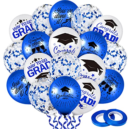 Whaline 60Pcs Graduation Party Balloon Set 7 Designs Blue White Confetti Latex Balloon with 2 Rolls Blue Ribbon Grad Cap Congrats Grad Balloon for Graduation Party Decoration Supplies