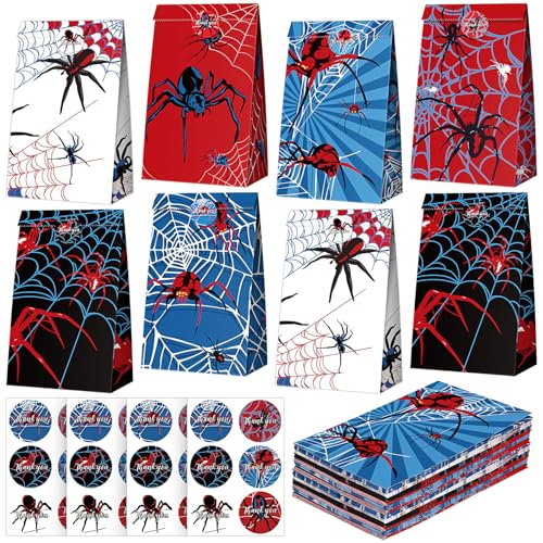 Abbylike 24 Pcs Spider Party Bags with Stickers Spider Paper Supplies Favors Cookie Chocolate Candy Snack Bags for Birthday Party Decoration Supplies, 9.45 x 5.12 x 3.15 Inches