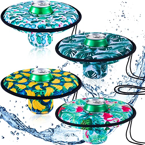 Rtteri 4 Pcs Neoprene Floating Drink Holder Floating Coaster Pool Drink Holder Pool Beer Holder with Rope for Summer Party Tub Lake Boat Water Fun, Medium Size (Tropical Style)