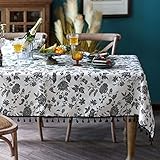 SUTAVIA Boho Cotton Linen Tablecloth Bohemian Beige Fabric Black Floral Embroidery Tassel Rectangle Dust-Proof for Home Decor Kitchen Holiday Party Dining Table(Black Flower, Rectangular 60"x84")