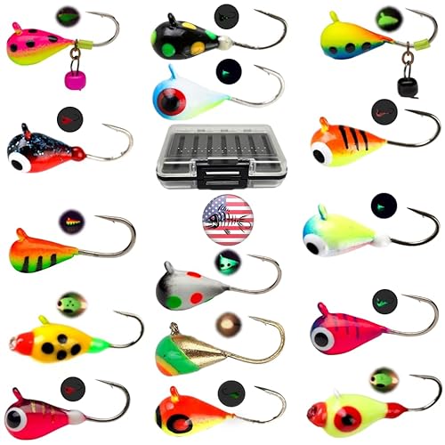 Tungsten UV Glow Ice Fishing Jigs - Ice Nymphs 30 Pack Plus Free Tackle Box Case Included 4mm 1.1gm #10 Hook Lure Bait Walleye Crappie Panfish Trout