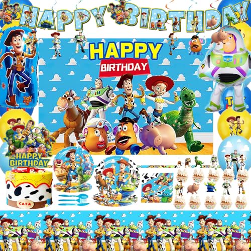 Toy Cartoon Story Party Supplies, Toy Themed Story Birthday Party Decorations Including Backdrop, Birthday Banner, Hanging Swirls, Balloons, Cake Toppers, Forks, Plates and Napkins for Cartoon Party