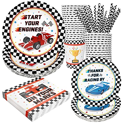 Racing Car Party Supplies Decorations, Checked Race Car Theme Birthday Paper Plates and Napkins Set with Cups and Straws for 24 Guests, 120 Pcs Disposable Party Dessert Dinnerwares