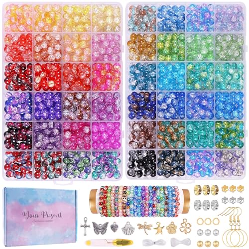 1800PCS 8mm Crackle Glass Beads Bracelet Making Kit, 48 Colors Glass Beads for Jewelry Making, Round Crystal Beads for Bracelets, Friendship Bracelet kit for DIY Crafts Gifts, 2 Box (Crackle Colors)