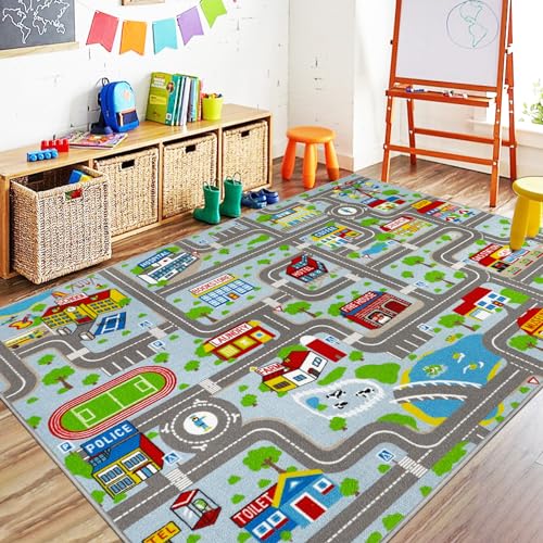 Capslpad Sky Blue Car Road Kid Rug Carpet Playmat for Playoom Traffic Road Kids Play Mat for Toddler Non Slip Washable City Map Race Track Carpet Rug for Kids Room Bedroom Nursery Room Decor,6.6'x5'