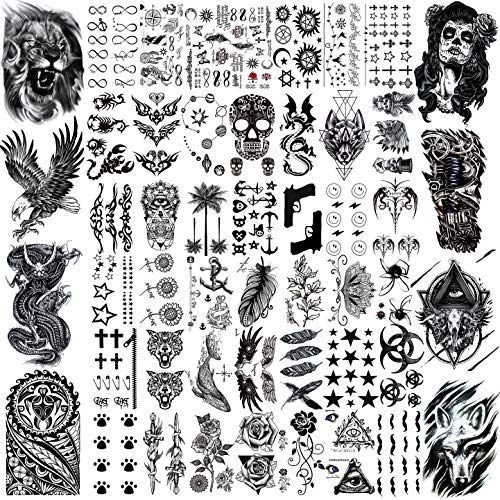 VANTATY 50 Sheets Black Temporary Tattoos For Men Adults Ealge Dragon Lion Wolf Animals For Women Neck Arm Thigh, Fake Small Skull Tattoo Sticker For Kids Children Boys Girls Tatoos