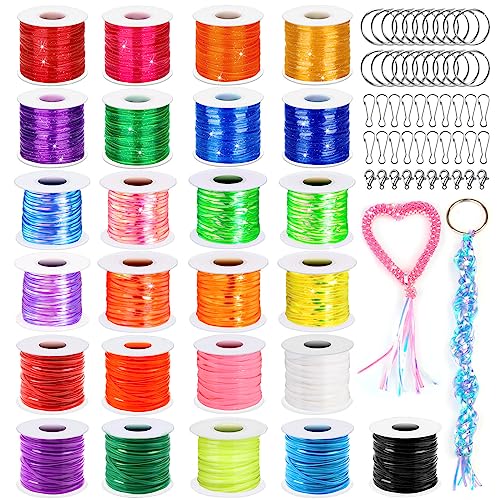 cridoz Lanyard String Kit, Boondoggle String with 25 Rolls Plastic Lacing Cord and 50Pcs Keychain Lanyard Accessories, Gimp String Lanyard Weaving Kit for Keychain Crafts, Bracelet and Lanyards