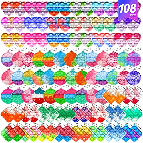 108 PCS Mini Pop Keychain Fidget Toys, 3 Shape Pop Fidgets Party Favors Kids Packs Sensory Stress Toys, Push Mini Pop Keychain Bulk