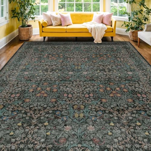 Vintage Dark Green Living Room Rug, 8x10 Washable Area Rugs for Dining Room Under Kitchen Table, Bedroom, Oriental Low Pile Stain Resistant Non-Slip Large Carpet (8x10 Dark Green)
