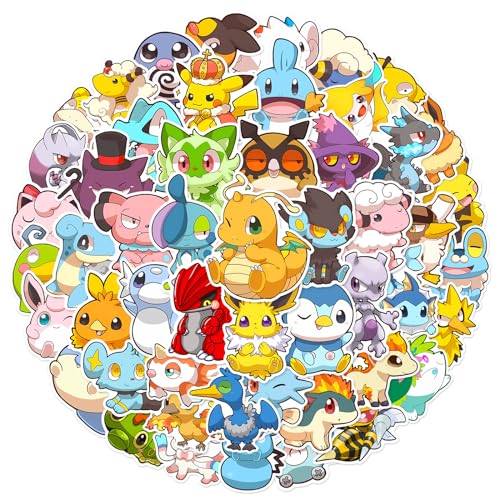 Cute Pokemon Cartoon Stickers for Kids Water Bottle 50pcs Pack, Kawaii Waterproof Vinyl Stickers for Teen Girl Laptop Skateboard Bike Guitar Laggage Bicycle Travel Case (Japanese Pikachu Cartoon)