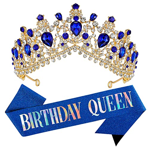 Velscrun Birthday Crowns and Tiaras, Queen Sash - Blue Birthday Accessories for Women