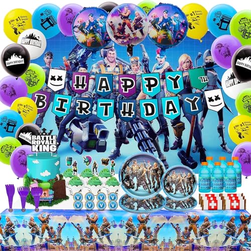 Mega Birthday Party Decorations,Video Game Party Supplies,172pcs Gaming Theme party, include Flatware Set,Plates,Table Cover, Cake Toppers, Balloons,Stickers and Bottle Labels