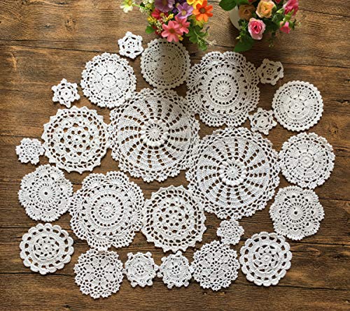 MINDPLUS Set of 24 Hand Crochet Doilies Cotton Crocheted Lace Doilies 2-7 Inches Round White Vintage (24pcs White)