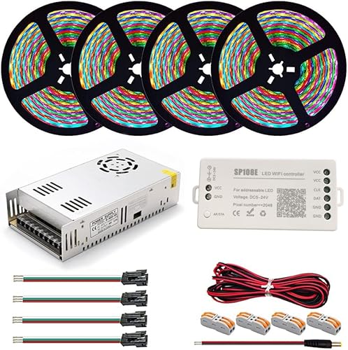 WS2812B WS2812 IndividuaIIy AddressabIe RGB Led Strip Light 20m Kit DC5V Led Transformer Power SuppIy SP108E WiFi ControIIer (30LED Black PCB, IP65 Waterproof)