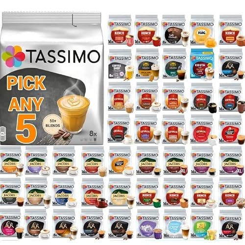 Tassimo Coffee, Tea, Chocolate Pods. Pick Any 5 Packs from 50+ Blends Including Kenco, Costa, Jacobs, Hot Chocolate, Chai latte, Baileys, Cadbury, Milka, Oreo, Twinings, Cafe Hag and More.