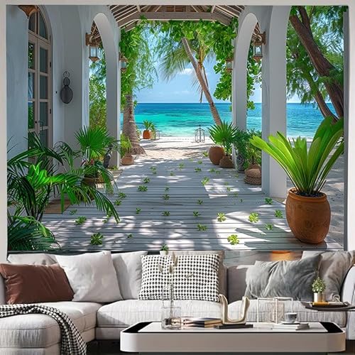 FENDROM Summer Beach Tapestry,Blue Ocean Sea Scenic View from Perfect Seaside Cabin Nature Scenery Wall Hanging for Bedroom Aesthetic Living Room College Home Decor
