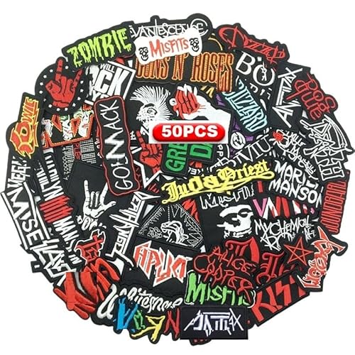 Morale Patch, 50 Pcs Mixed Patches Band Rock Music Badges Punk Embroidery Skull Patches for Jacket Jeans Backpacks Hat Assorted Style Badges Clothes Stickers DIY Applique Stripe (A)