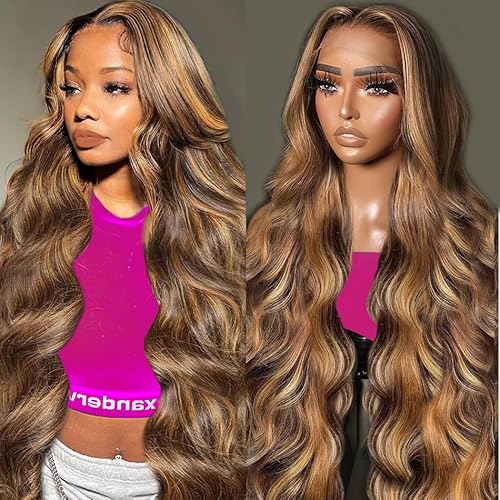 40 Inch Ombre Lace Front Wig Human Hair Highlight 13x6 HD Body Wave Lace Front Wigs Human Hair Pre Plucked Honey Blonde 200 Density 4/27 Frontal Glueless Highlighted Wig for Women