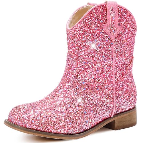 Motasha Girls Cowgirl Boots Cowboy Boots for Toddler Kids Cowgirl Western Ankle Boots Fashion Cowgirl Horse Riding Boots Birthday Party Wedding (M7111 Sequin Pink 9)