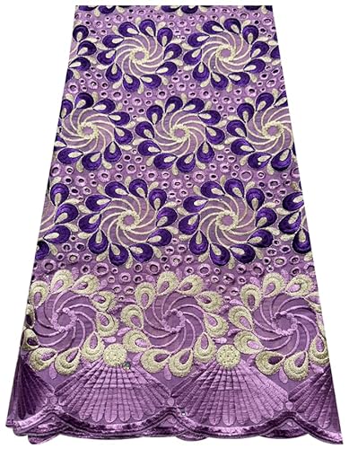 Generic Voile Lace Made with 100% Swiss Cotton- Sell by 5 YardsAfrican Swiss Voile Lace Fabric- Lilac, Purple-Yam, Metallic Gold - for Wedding/Dresses