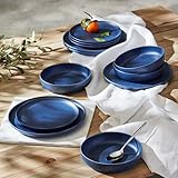 Porto by Stone Lain Macchio 12-Piece Premium Kitchen & Dining Dinnerware Set Stoneware, Blue Matte, Crafted in Portugal, Dishwasher and Microwave Safe Scratch-Resistant Dish Set for 4